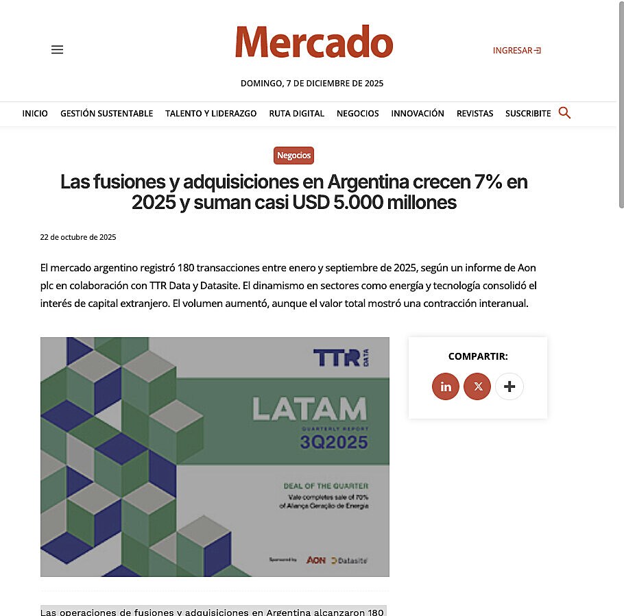 Las fusiones y adquisiciones en Argentina crecen 7% en 2025 y suman casi USD 5.000 millones